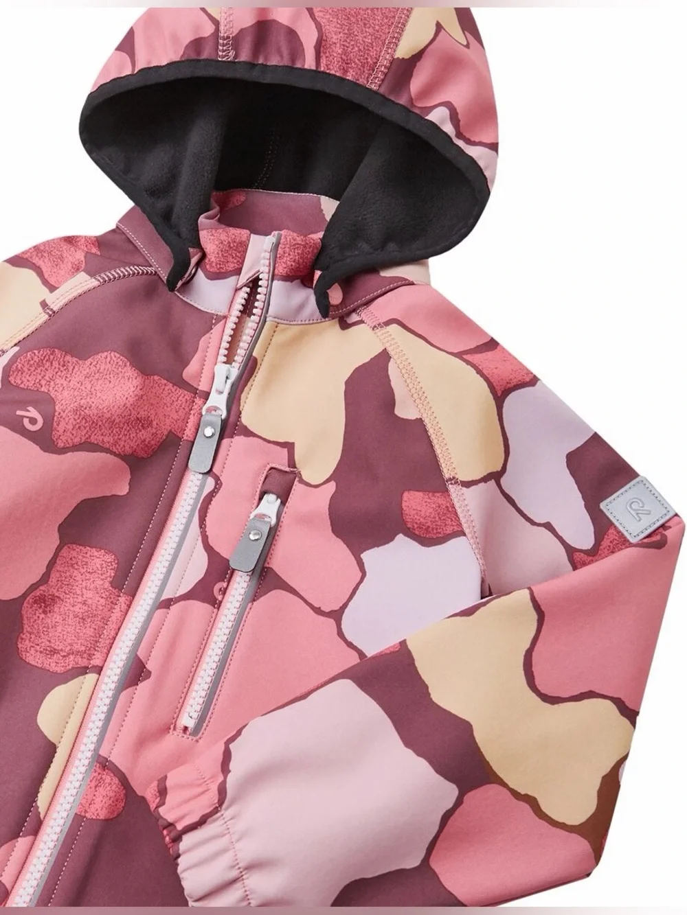 Reima Girls' Pink Sunset Camo Vantti Soft Shell Fleece-Lined Waterproof Jacket—9